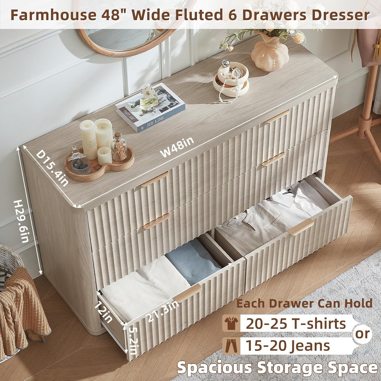 LEYAOYAO Fluted 6 Drawers Dresser Set of 2, 48' Wide Modern Chest of Drawers with Metal Handle, Light Grey Curved Profile Dresser TV Stand, Wooden Drawer Organizer for Bedroom, Living Room, Hallway