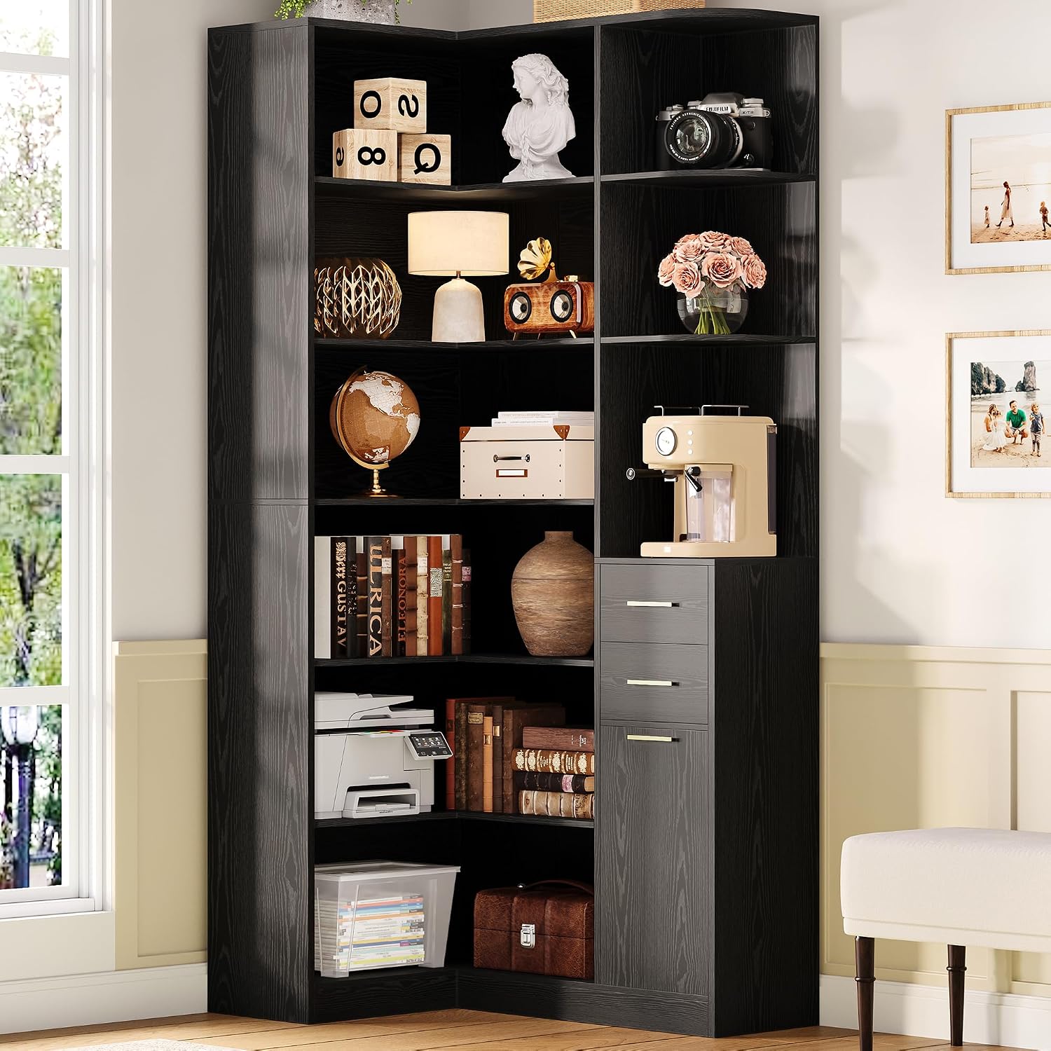 IRONCK Corner Bookshelf, 76' Tall Corner Bookshelves, 6 Tiers L-Shaped Bookcase with 10 Open Shelves and 2 Storage Drawers for Living Room or Home Office