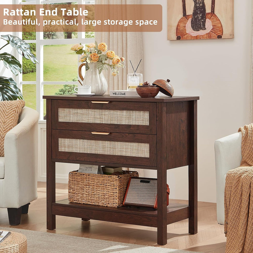 LEYAOYAO 31.5' Wide Rattan Night Stand, Large Boho Nightstand, Bedside Table with Storage, Tall Bed Side End Tables, Chest of Drawers for Bedroom, Living Room, Hallway（Walnut,2 Drawers,2）