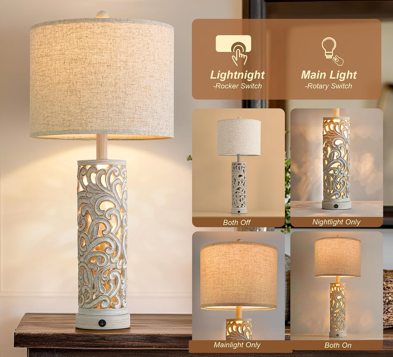 OYEARS 2-in-1 Light Table Lamp Set of 2 for Living Room, 28.5' Farmhouse Bedside Lamps with USB Charging Port, Main&Night Light & Dual Switches, Nightstand Lamp for Bedroom Home Office(Bulb Included)