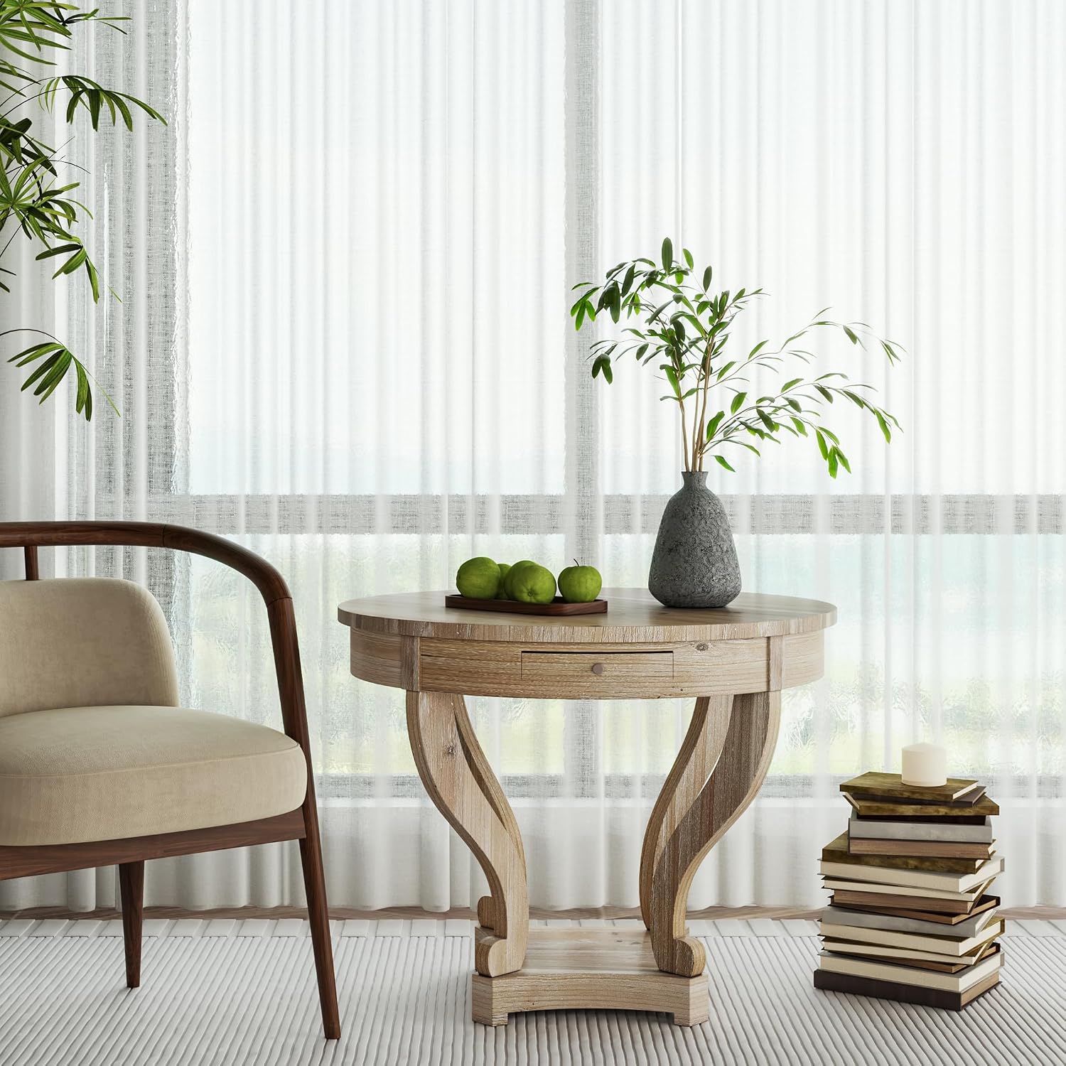 Round Large Side Table End Table with 2 Drawer Storage Space for Living Room, Modern Farmhouse Style (ø31.5''*27.1'', Natural Wood Grain)