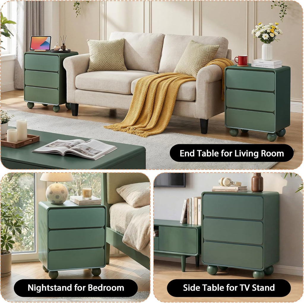 AVZEAR Wooden Night Stand wth 3 Drawer Dresser Mid Century Modern End Table Chest of Drawers, Solid Wood Legs & Curved Profile Design, Farmhouse Side Table for Living Room, Green
