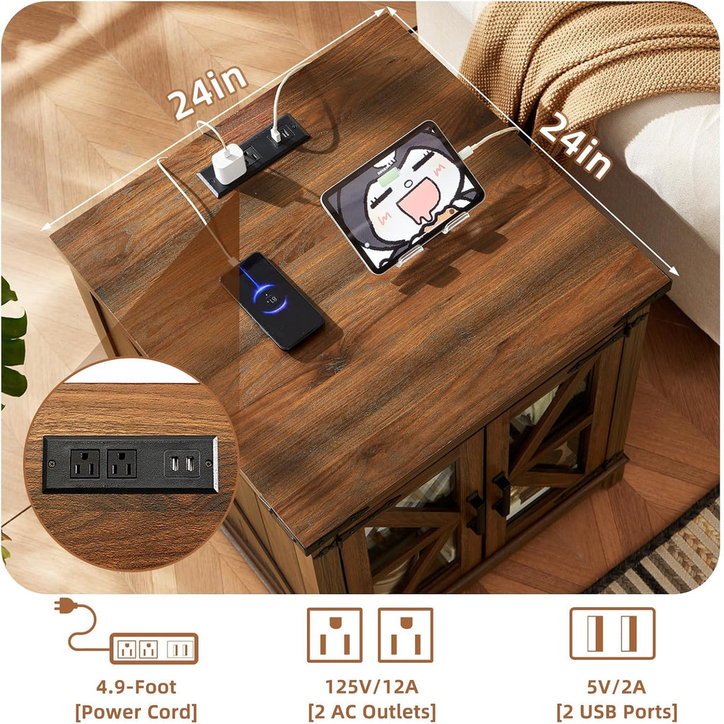 Joaxswe Farmhouse End Table with Charging Station Set 2, 24' Large Sofa Side Table with Glass Barn Door, Nightstand with Adjustable Storage Shelf,Wood Square Bedside Table for Living Room,Bedroom