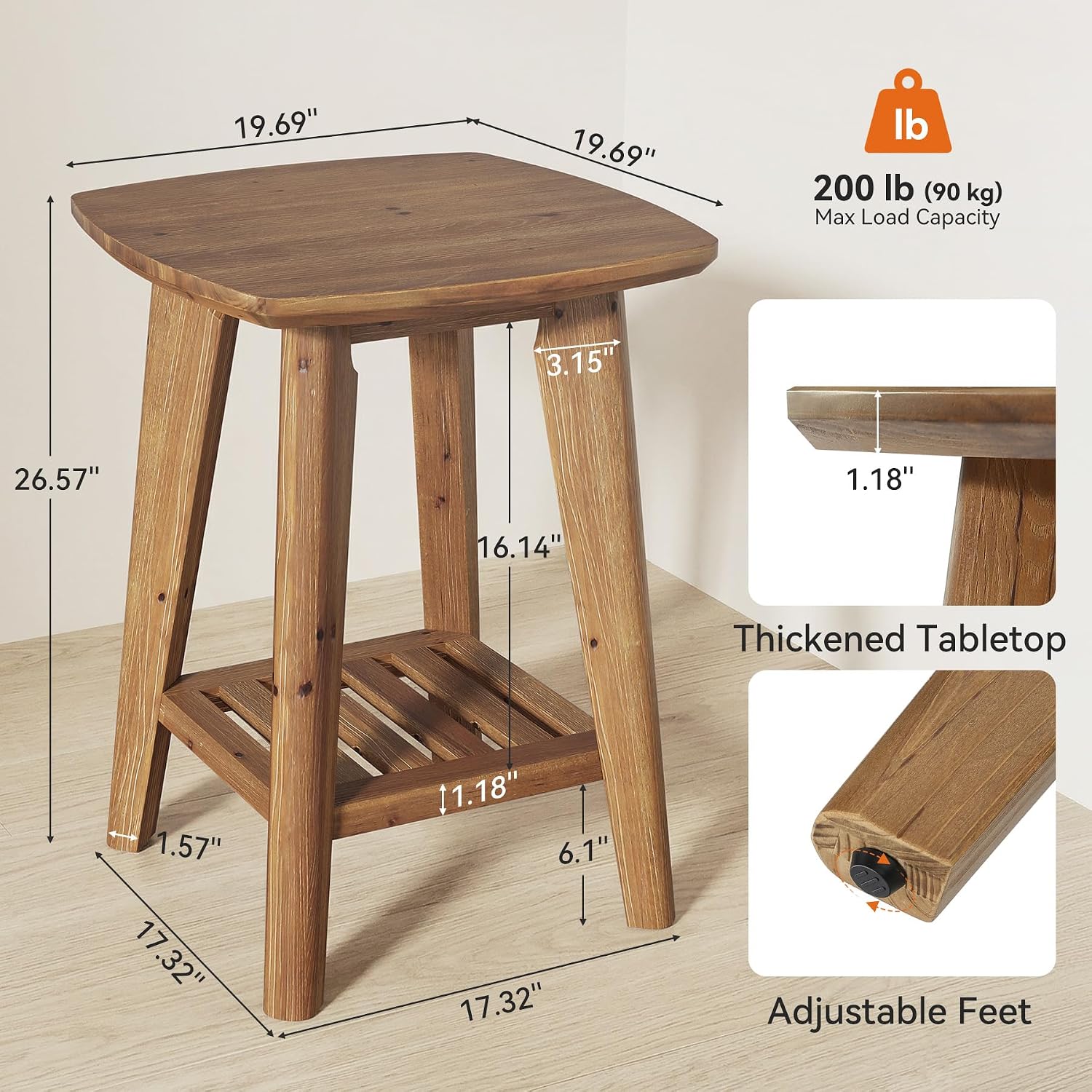 Square Side Table with 2-Tier Storage Shelf & Solid Wood Material, 19.68' Wood End Table for Living Room, Sofa Side, Small Spaces – Easy Assembly, Space-Saving Design (2PCS)
