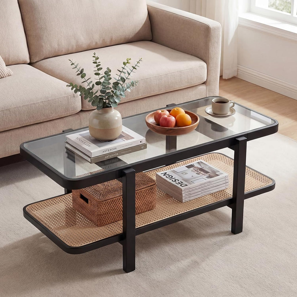 GOFLAME Rattan Coffee Table, 47.5' Solid Wood Center Table with Tempered Glass Top & Rattan Storage Shelf, Rectangular, Farmhouse, Boho, 2-Tier Mid Century Modern Tea Table for Living Room (Black)