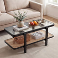 GOFLAME Rattan Coffee Table, 47.5' Solid Wood Center Table with Tempered Glass Top & Rattan Storage Shelf, Rectangular, Farmhouse, Boho, 2-Tier Mid Century Modern Tea Table for Living Room (Black)