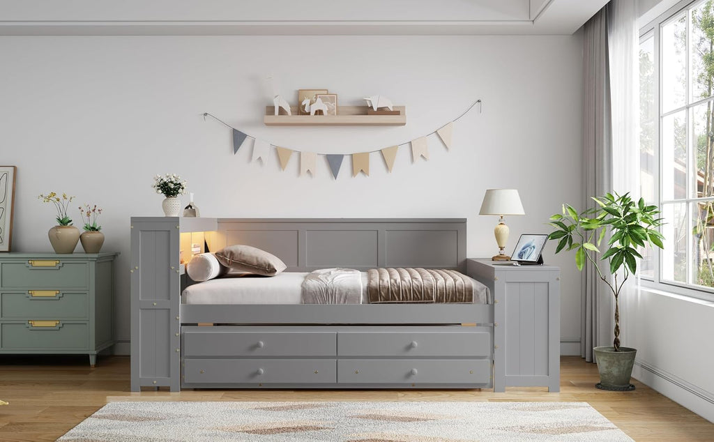 Merax Corner Full Bed Frame with Desk and Led Lights,Wood Platform Bed Frame with Trundle and 2 Drawers,Full Size Daybed with Storage and Charging Station for Living Room,Bedroom,Guest Room,Grey