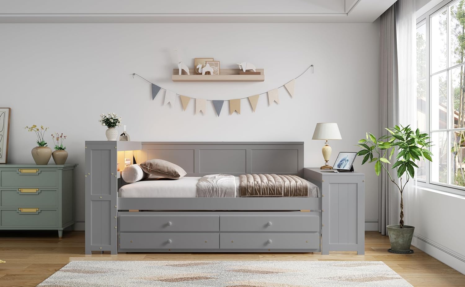 Merax Corner Full Bed Frame with Desk and Led Lights,Wood Platform Bed Frame with Trundle and 2 Drawers,Full Size Daybed with Storage and Charging Station for Living Room,Bedroom,Guest Room,Grey