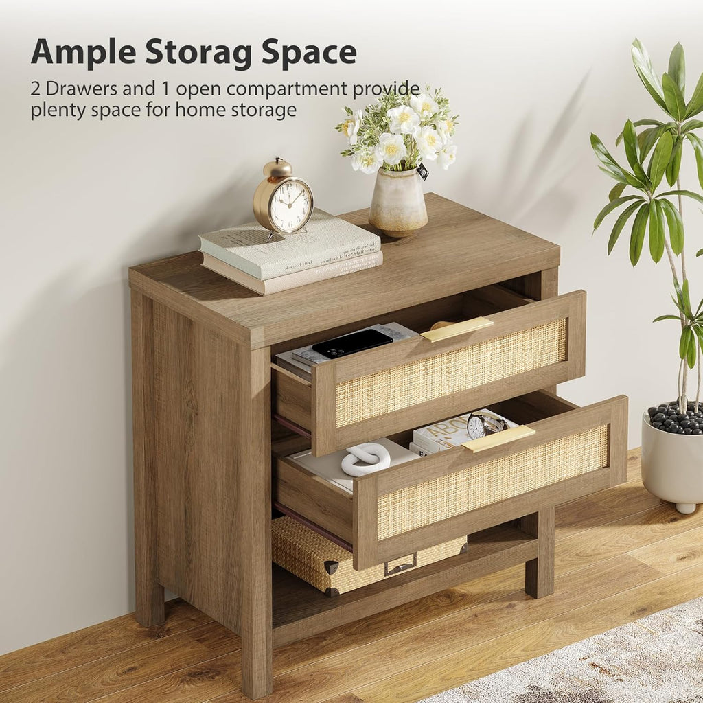Eclatara Rattan Nightstands, Farmhouse Bedside Table with 2 Drawers and Storage Shelf, Rattan Boho Accent Night Stands for Bedroom Large Space Sofa (1, Reclaimed Caramel Oak)