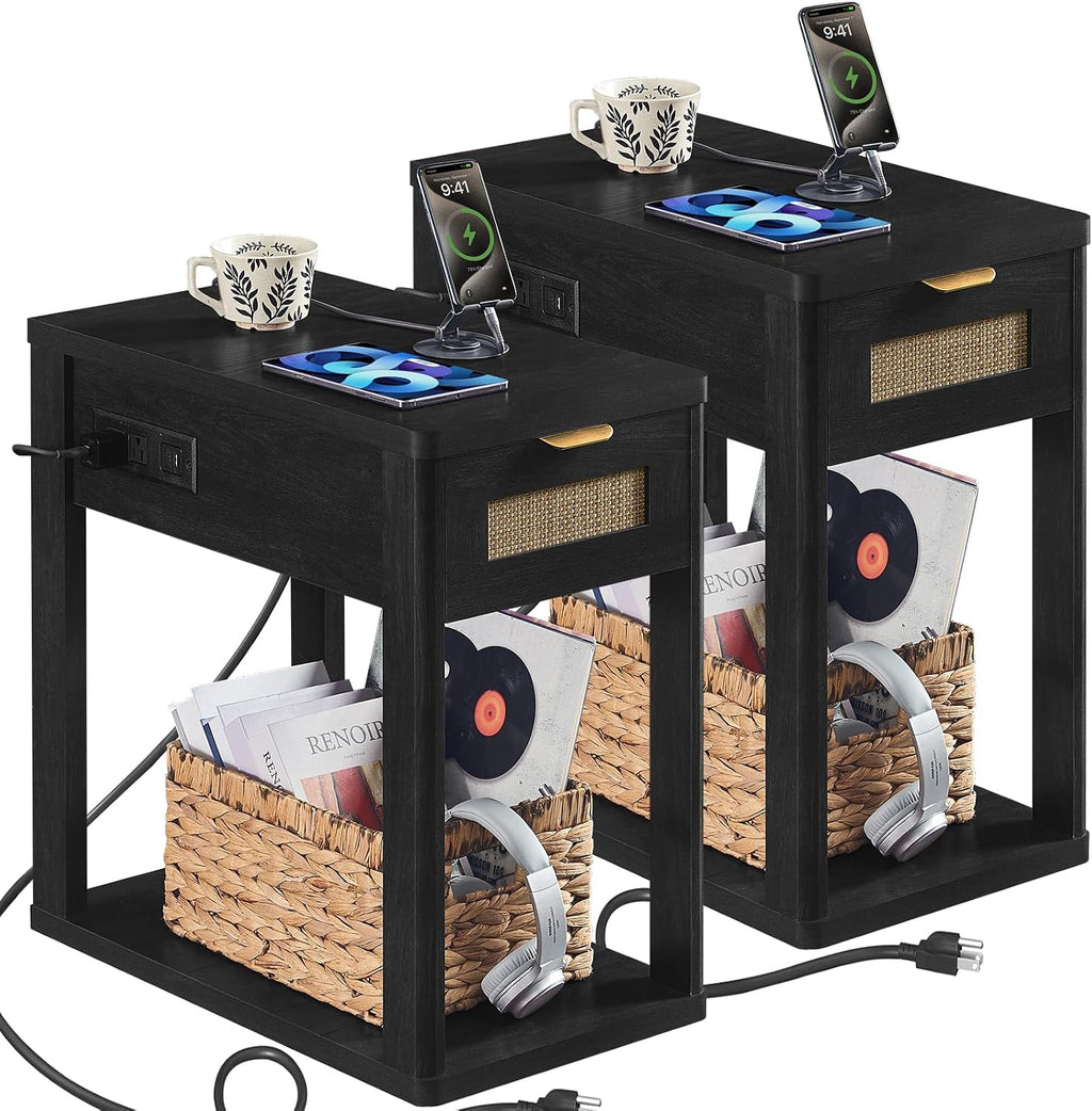 LEYAOYAO Narrow Side Table Set of 2, 24'' Night Stand with Charging Station, Rattan Nightstand with Drawer Storage, Bedside End Table with Small Spaces, Wood Boho Nightstand for Living Room Bedroom