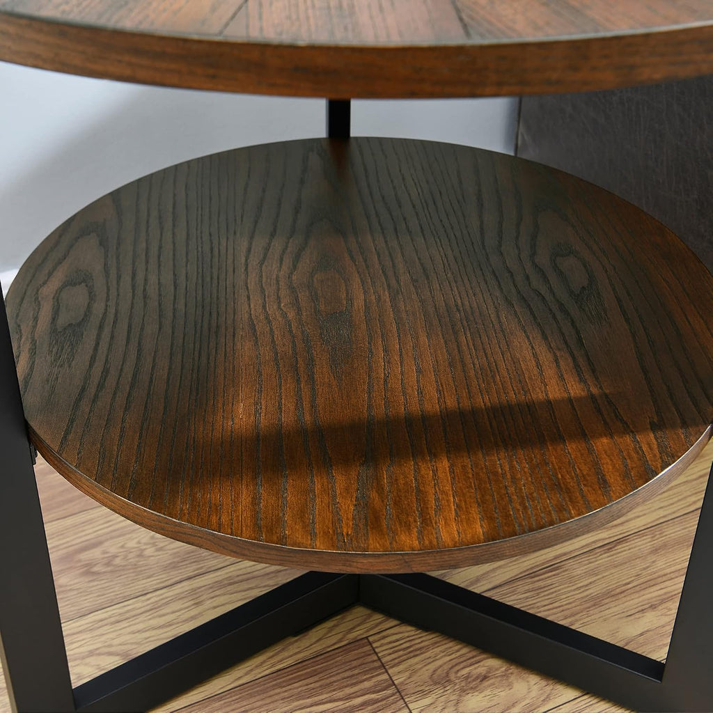 Large End Table with Storage Shelf Rustic Circular Sofa Side Table with Black Metal Legs Solid Wood Nightstand Telephone Table for Living Room Bedroom 25.2'D x 24'H Natural Brown CJZ1338NC