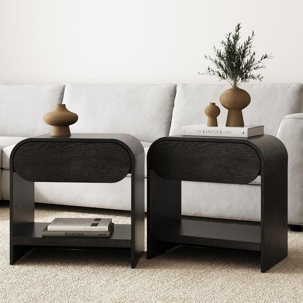 Nathan James Iris Mid-Century Modern Nightstand with Drawer, End Table with Storage for Bedroom or Living Room with Rounded Silhouette, Black Oak Set of 2