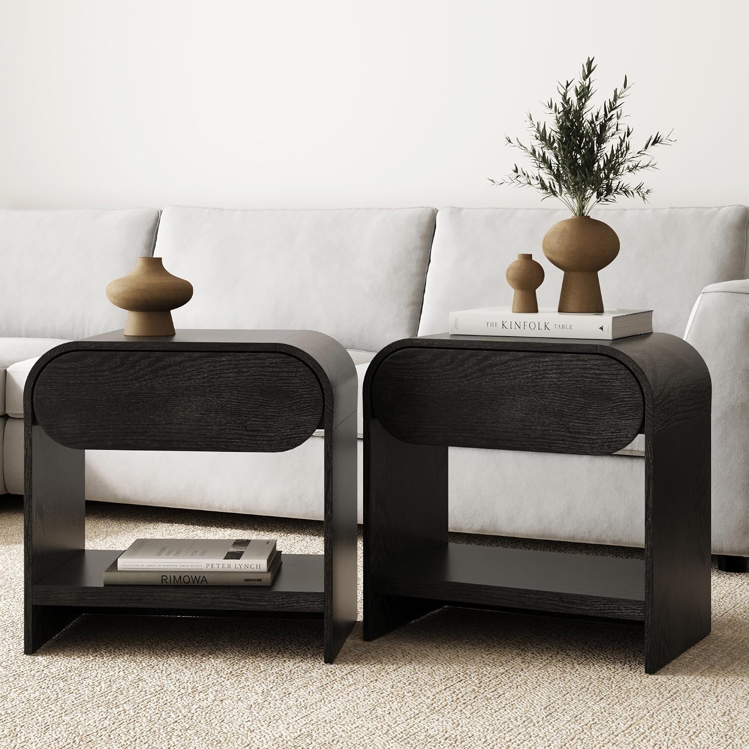 Nathan James Iris Mid-Century Modern Nightstand with Drawer, End Table with Storage for Bedroom or Living Room with Rounded Silhouette, Black Oak Set of 2