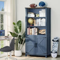 Joaxswe 70in Tall Bookshelf 5 Tier Bookcase with Barn Doors and Adjustable Shelves, Blue Farmhouse Book Shelf with Storage Cabinet, Wood Freestanding Display Bookshelves for Bedroom, Living Room | Bookcase
