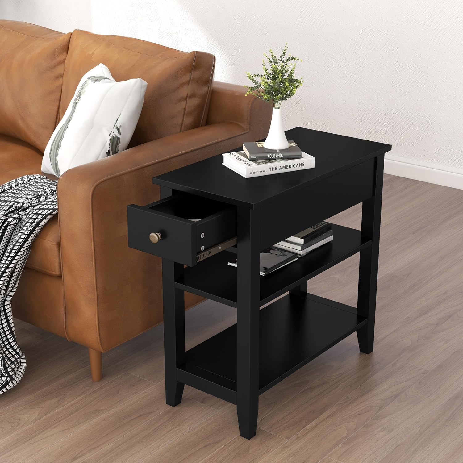 ChooChoo Side Table Living Room Set of 2, Narrow End Table with Drawer and Shelf, 3-Tier Sofa End Table for Small Space