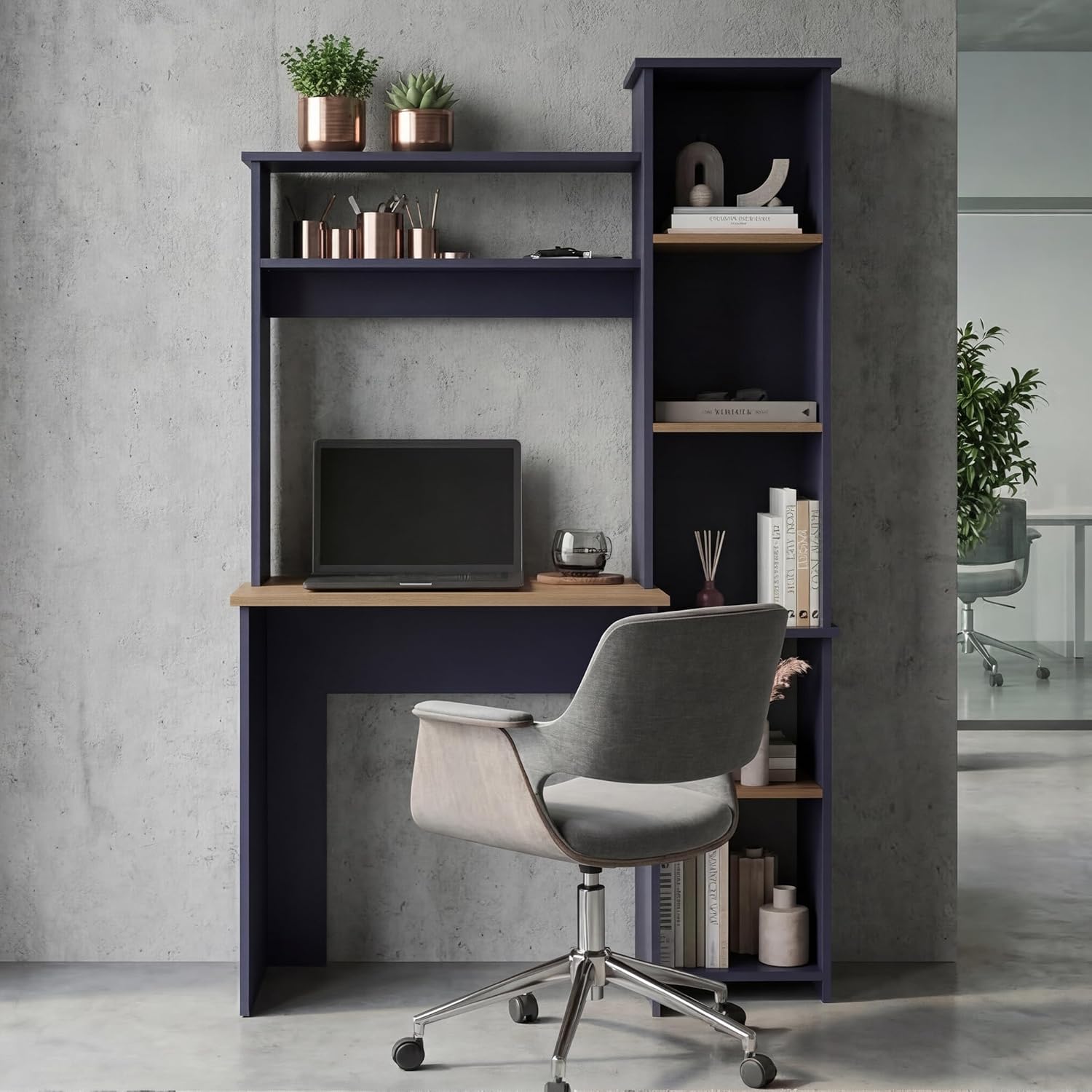 TUHOME Versalles Writing Desk with Large Monitor Shelf,Keyboard Tray and Five Side Open Storage Compartments,Modern Space-Saving Office Desk for Studios,Workspaces or Bedrooms, Functional Organization