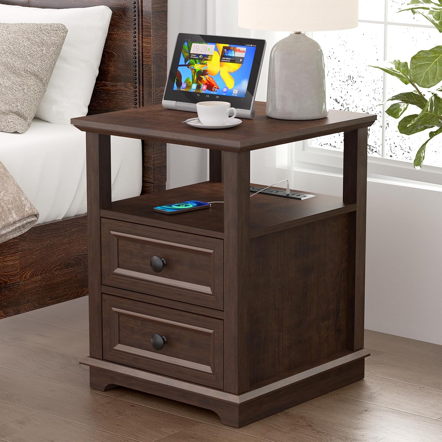REDAYFUR 18' Wide End Table with Fast Charging Station Set of 2, 18' Wide Sofa Side Table with Drawers,End Table with Drawers for Living Room,Cherry