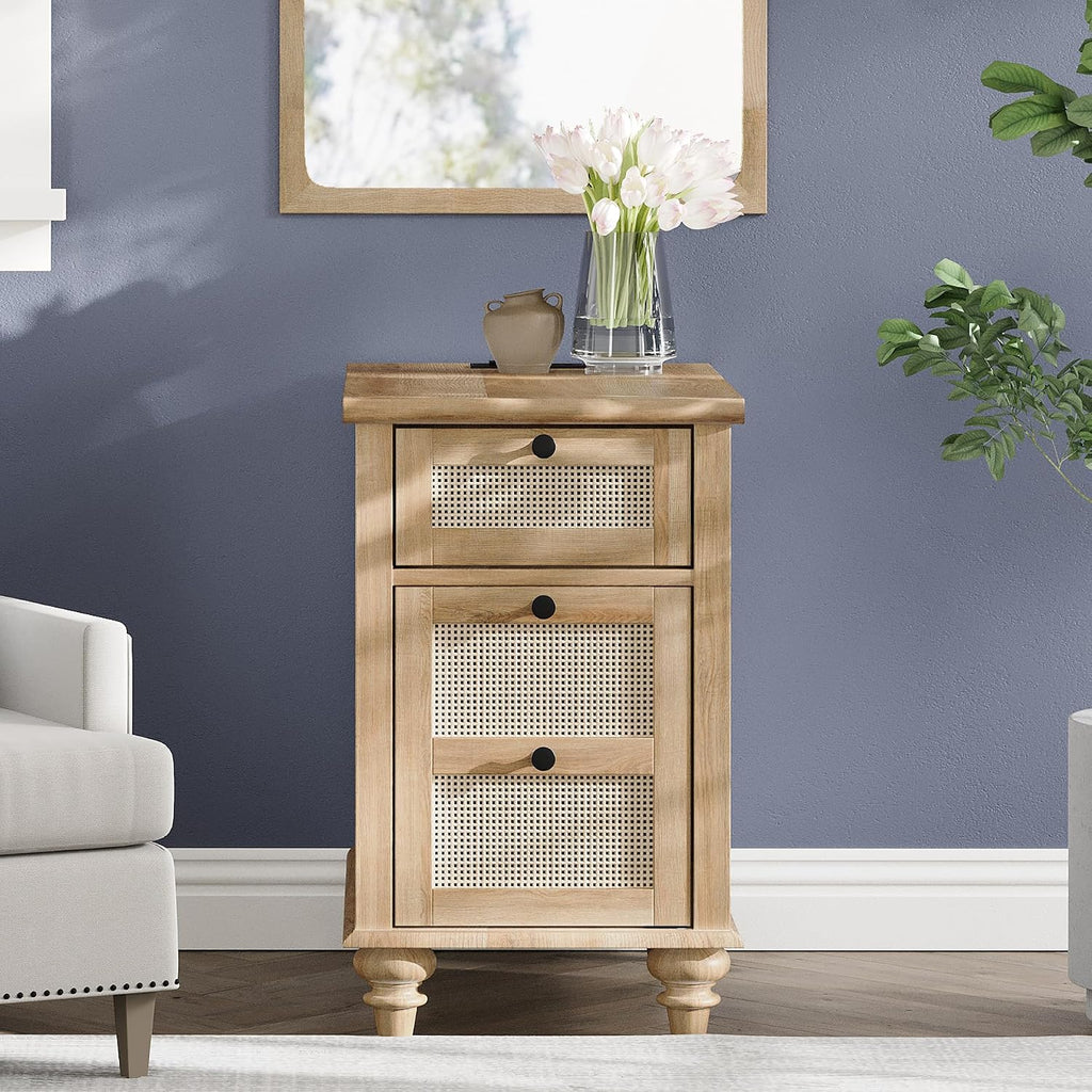 WAMPAT Tall Side Table with Charging Station, Rattan Night Stand with Drawer & Cabinet, Narrow Wooden End Table with Power Outlets & USB Ports for Living Room, Bedroom, Oak