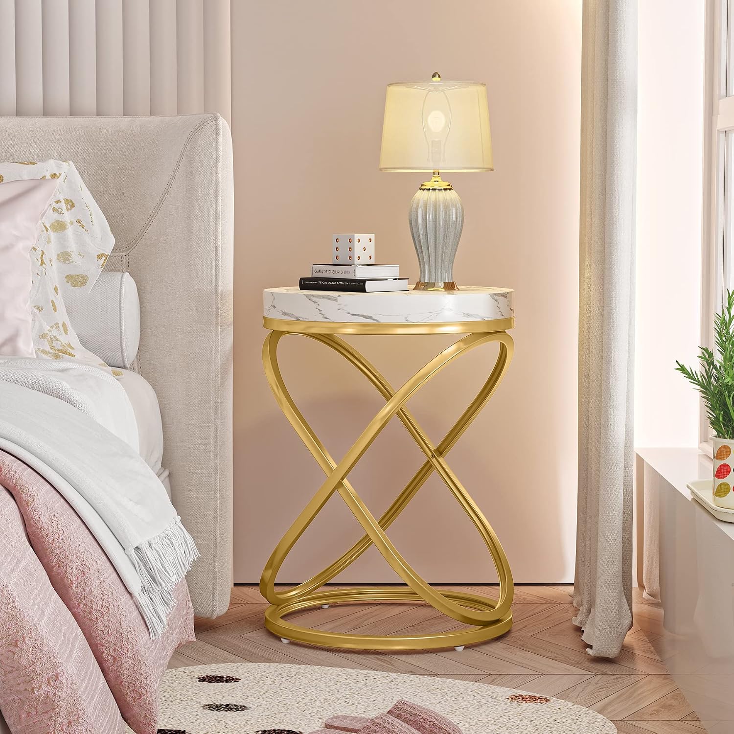 Tribesigns End Tables Living Room Set of 2, 26 Inches White and Gold Faux Marble Top Nightstands Sofa Side Table with Double X-Shaped Ring Unique Design for Bedroom