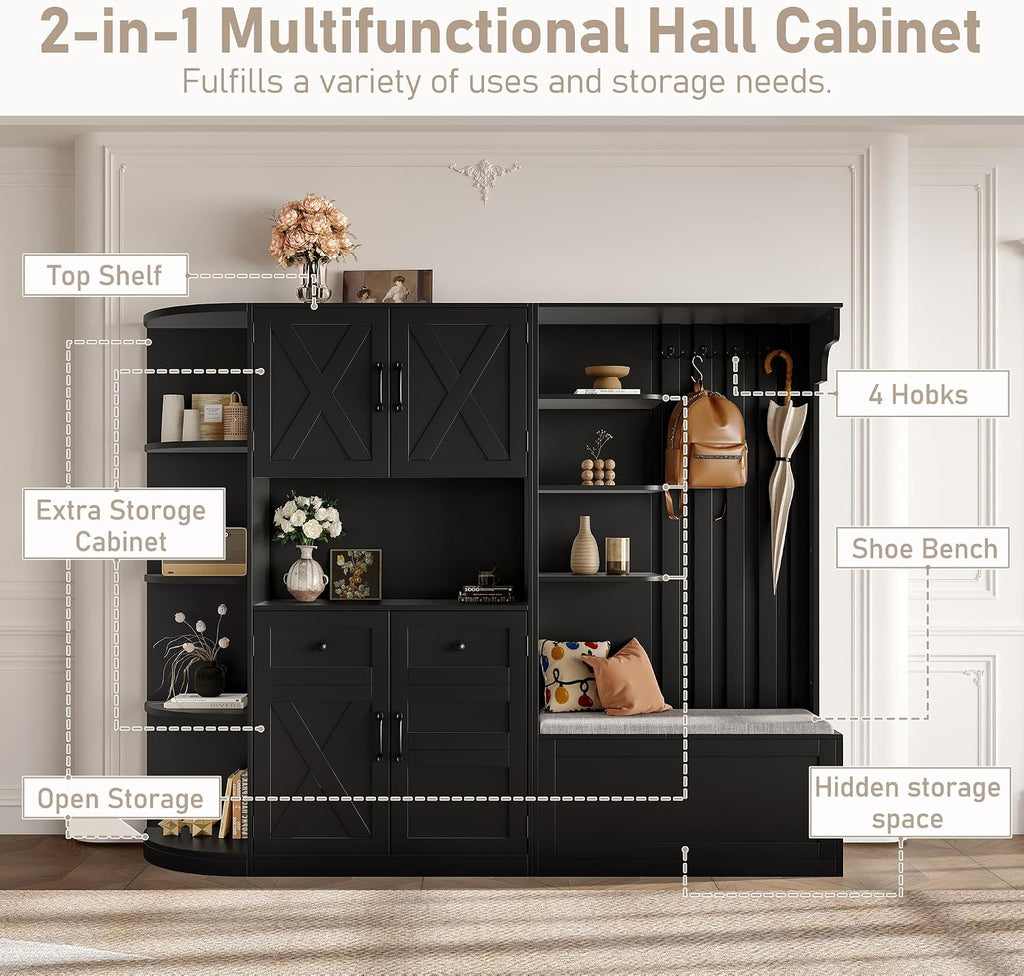 Multifunctional Hall Tree with Shoe Bench & Storage Cabinet,2-in-1 Left-Right L-Shaped Corner Entryway Cabinets with Coat Rack & Open Shelves,Modern Storage Organizer for,Living Room (Black)