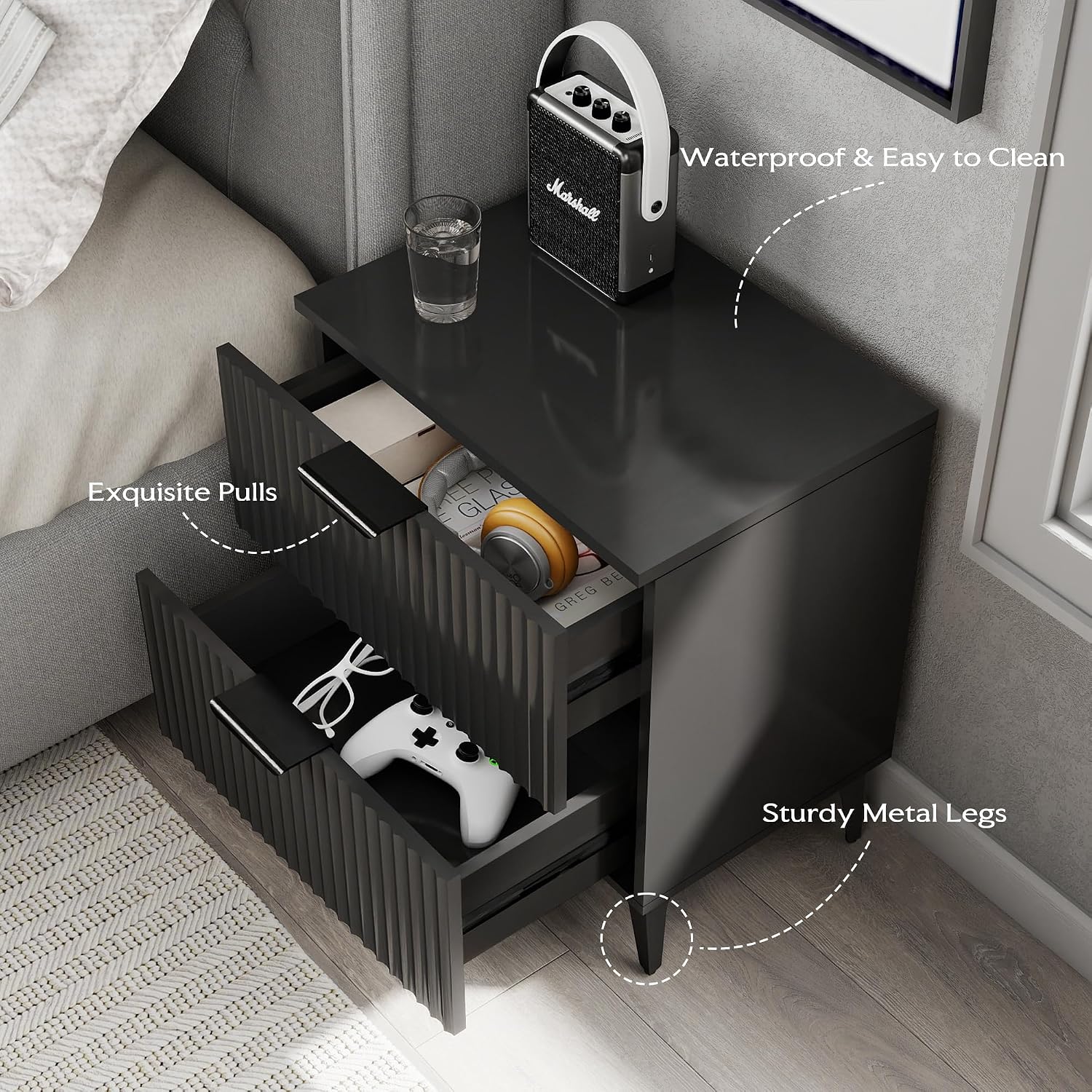 SUNWAVE Black Fluted Nightstand Set of 2, Modern Night Stands with 2 Drawers, Bedside Table for Twin/Full/Queen Bed, End Table with Robot-Friendly Metal Legs for Bedroom, Living Room