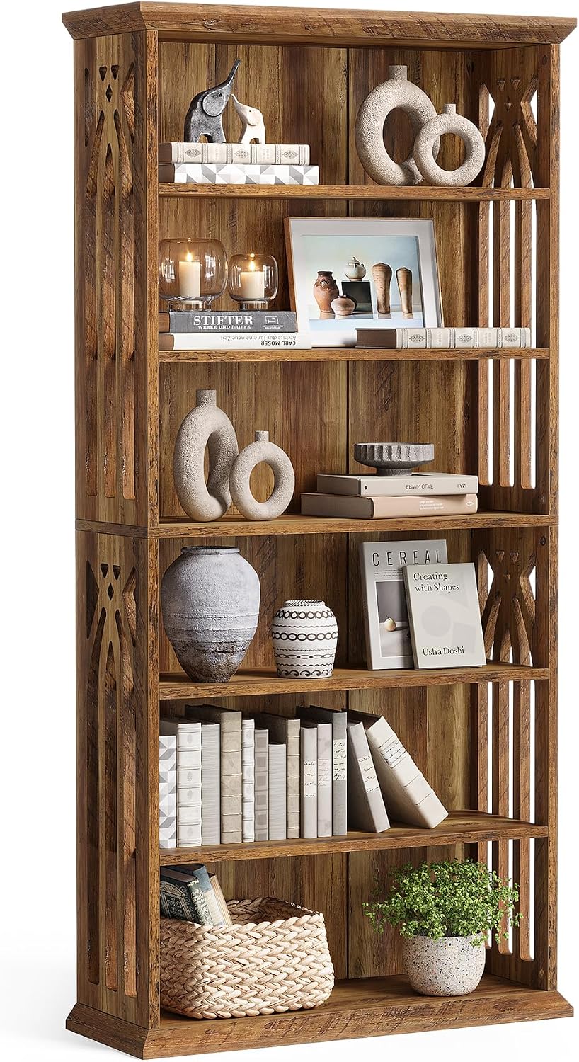LITTLE TREE 6-Tier Bookcase, 75-Inch Farmhouse Bookshelves and Bookcases, Floor Standing 6 Shelf Wooden Display Storage Shelves Tall Bookcase for Home Office, Living Room, Bed Room, Brown