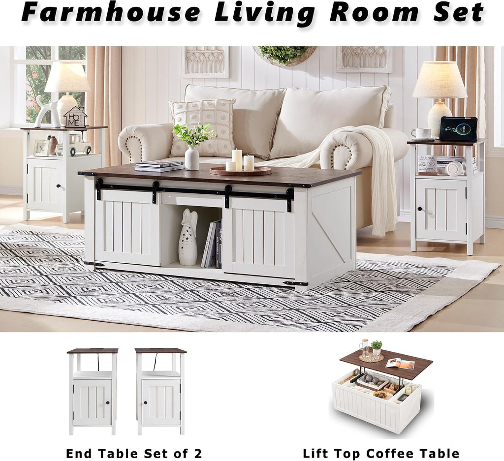 IFGET Farmhouse Nightstand Set of 2, End Table with Charging Station, Rustic Side Table w/Barn Door & Open Shelves, Bedside Table w/Storage Space and Storage Cabinet for Bedroom, Living Room (White)