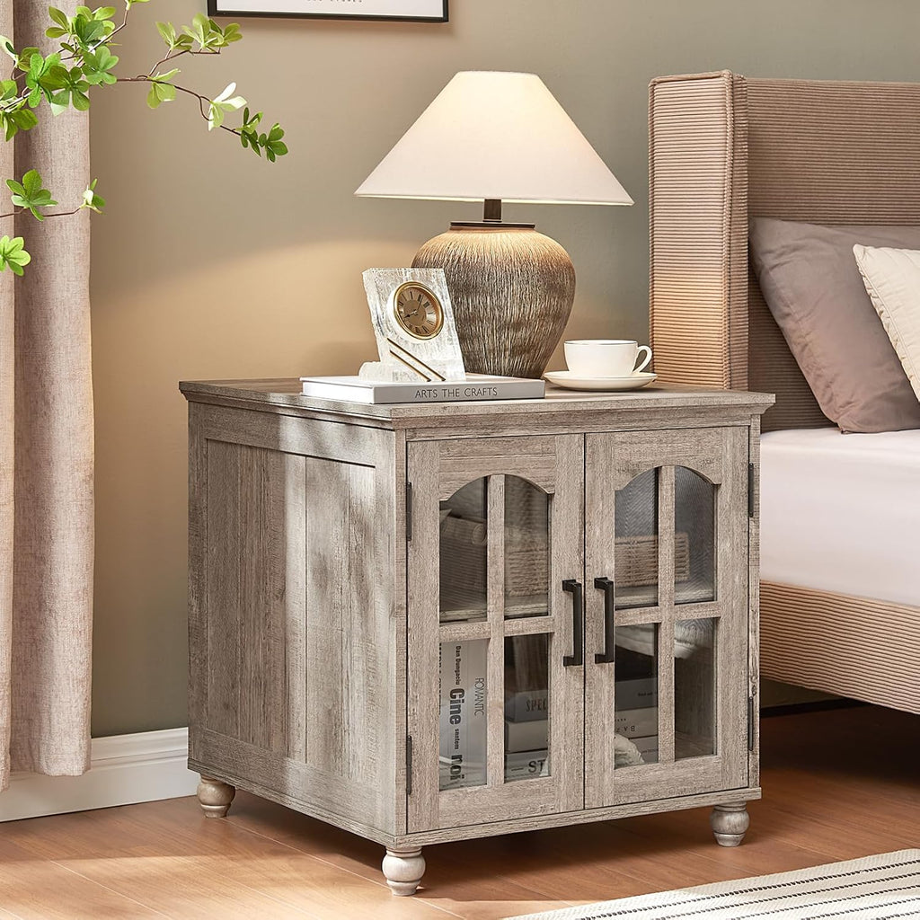 RWYHG Farmhouse End Table Set of 2 with Charging Station, 18'' Narrow Side Table and 24' Large Sofa Table with Glass Barn Door Storage, Wood Night Stand Bedside Cabinet for Living Room,Bedroom
