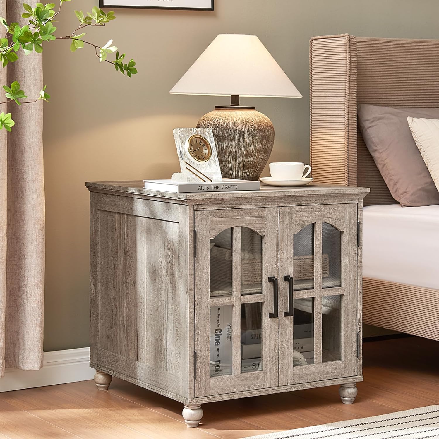 RWYHG Farmhouse End Table Set of 3 with Charging Station, 18'' Narrow Side Table and 24' Large Sofa Side Table with Glass Barn Door Storage, Wood Night Stand Bedside Table for Living Room,Bedroom