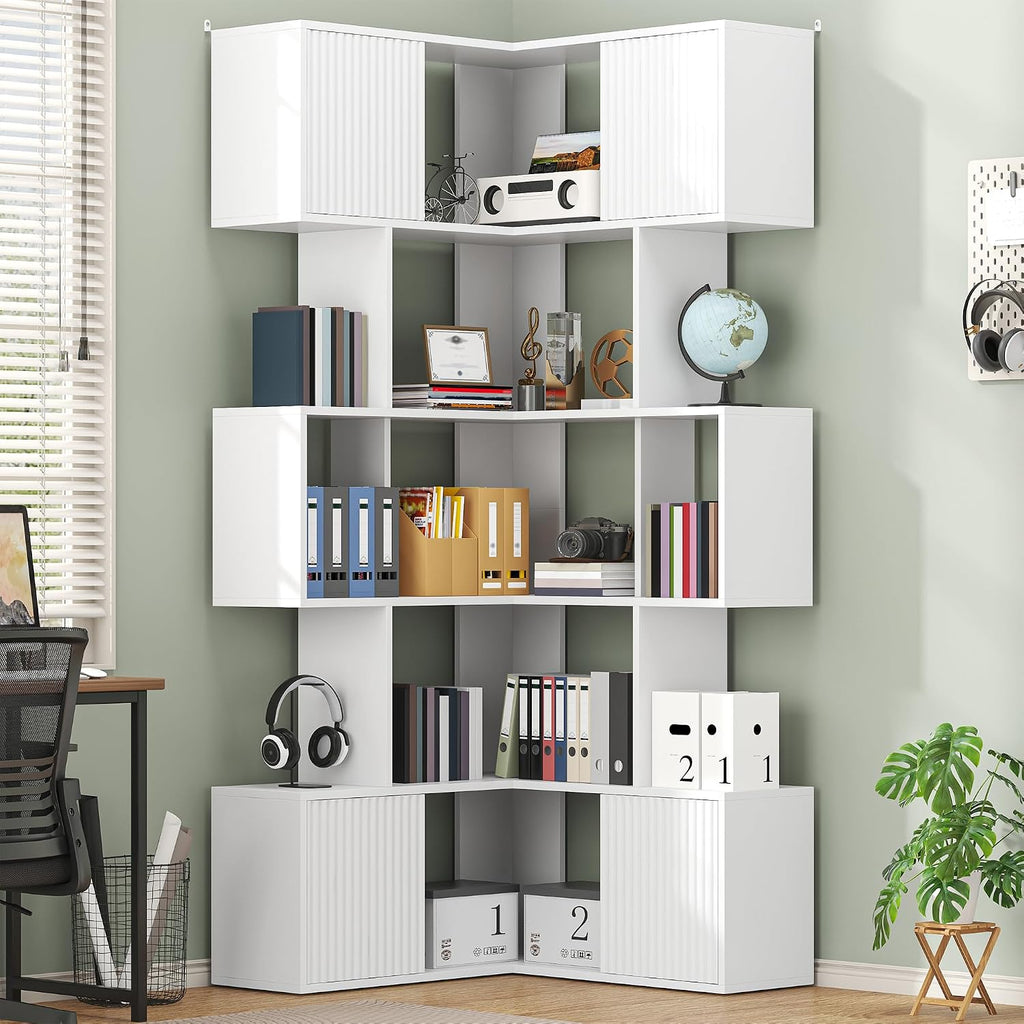 71 inch Corner Bookshelf, 5 Tier Storage Bookcase, L-Shaped Cube Bookshelf, Wood Modern Book Shelf Organizer for Living Room/Home Office/Bedroom Display Unit, White
