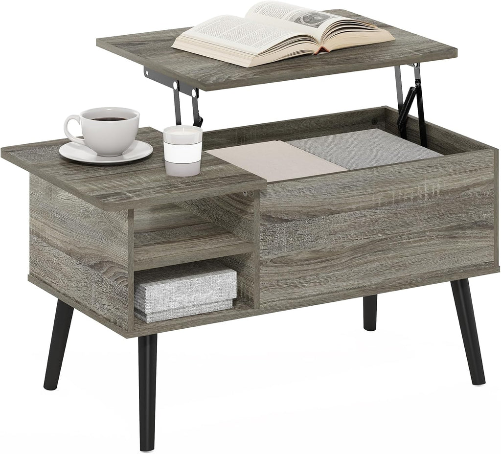 Furinno Jensen Lift Top Coffee Table with Storage Shelf, Side Shelf, Hidden Compartment, for Living Room, Grey Oak