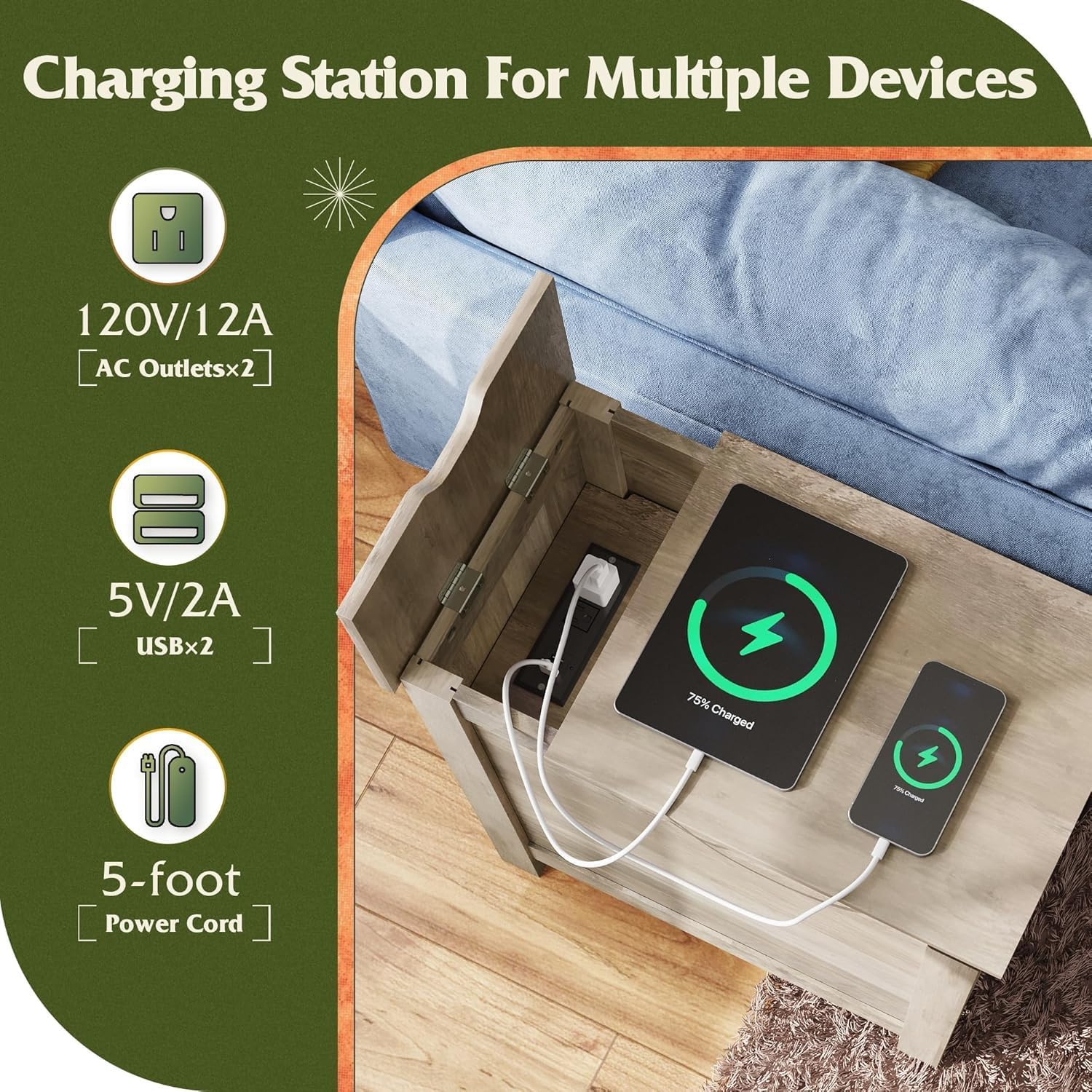WLIVE Farmhouse End Table Set of 2 with Charging Station, Narrow Side Tables Living Room, Bedroom, Couch with USB Ports and Outlets, Wood Nightstand Sets with Storage, Greige