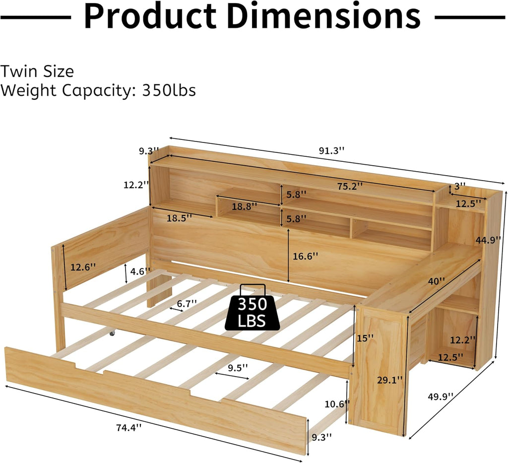 Harper & Bright Designs Twin Size Wooden Daybed with Storage Shelves, Multi-Functional Corner Bed Frame with Twin Size Trundle Bed and Study Desk for Kids Teen, Natural