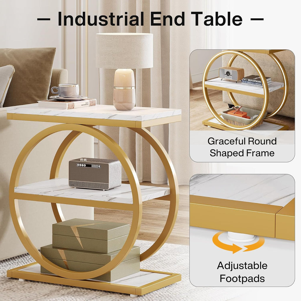 Tribesigns End Table with Storage Shelves Pack of 2, 3-Tier Wooden Industrial Sofa Side Table with Black Metal Frames for Living Room, Slim Nightstand and Bedside Table for Bedroom, White & Gold