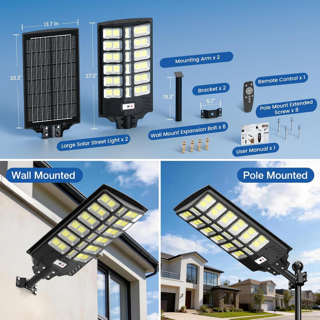 10000W Solar Street Lights Outdoor, Large Solar Powered Street Light Waterproof with Motion Sensor and Remote Control, 6500K Commercial Security Flood Lighting for Parking Lot, Yard, 2 Pack