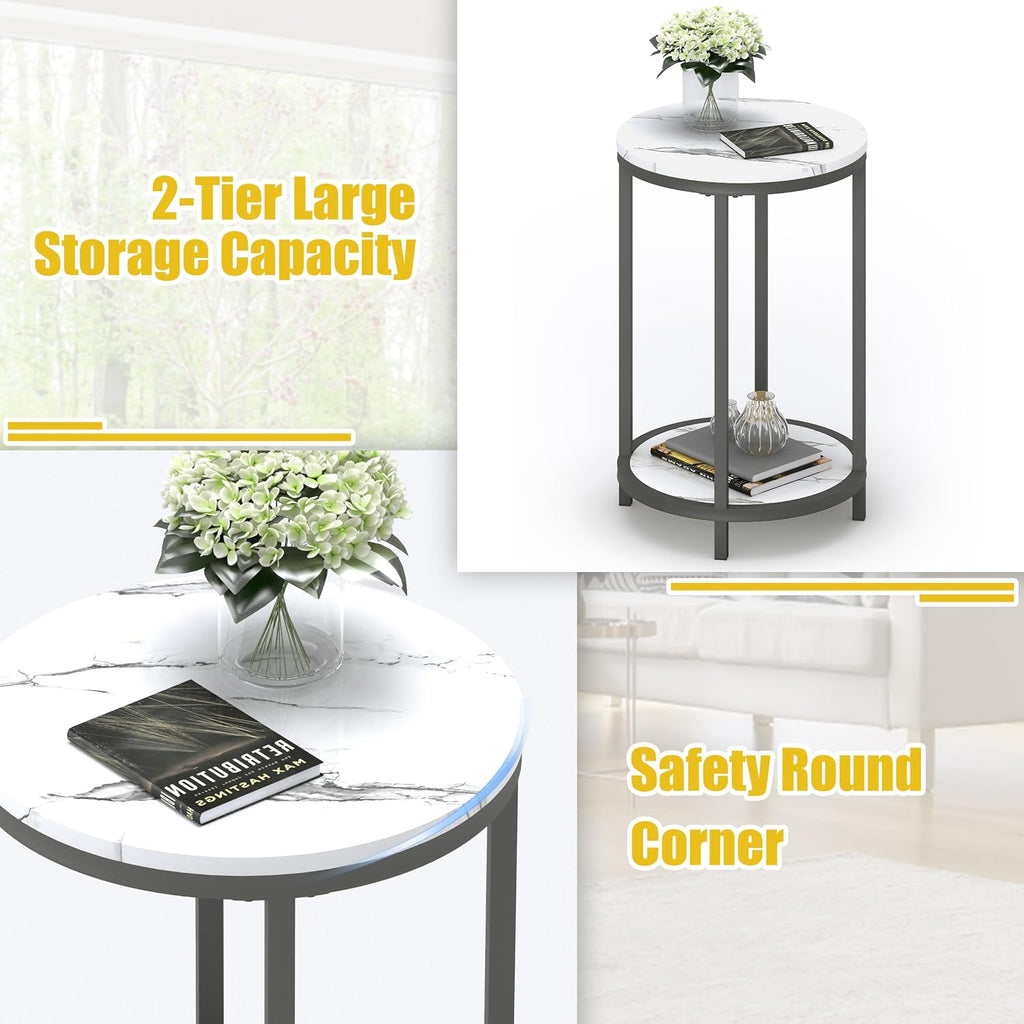WiberWi Round Side Table Set of 2, Modern Nightstand End Table with Metal Frame &Faux Marble Top, Accent Bedside Table for Living Room Bedroom Small Spaces with Storage Open Shelf,White