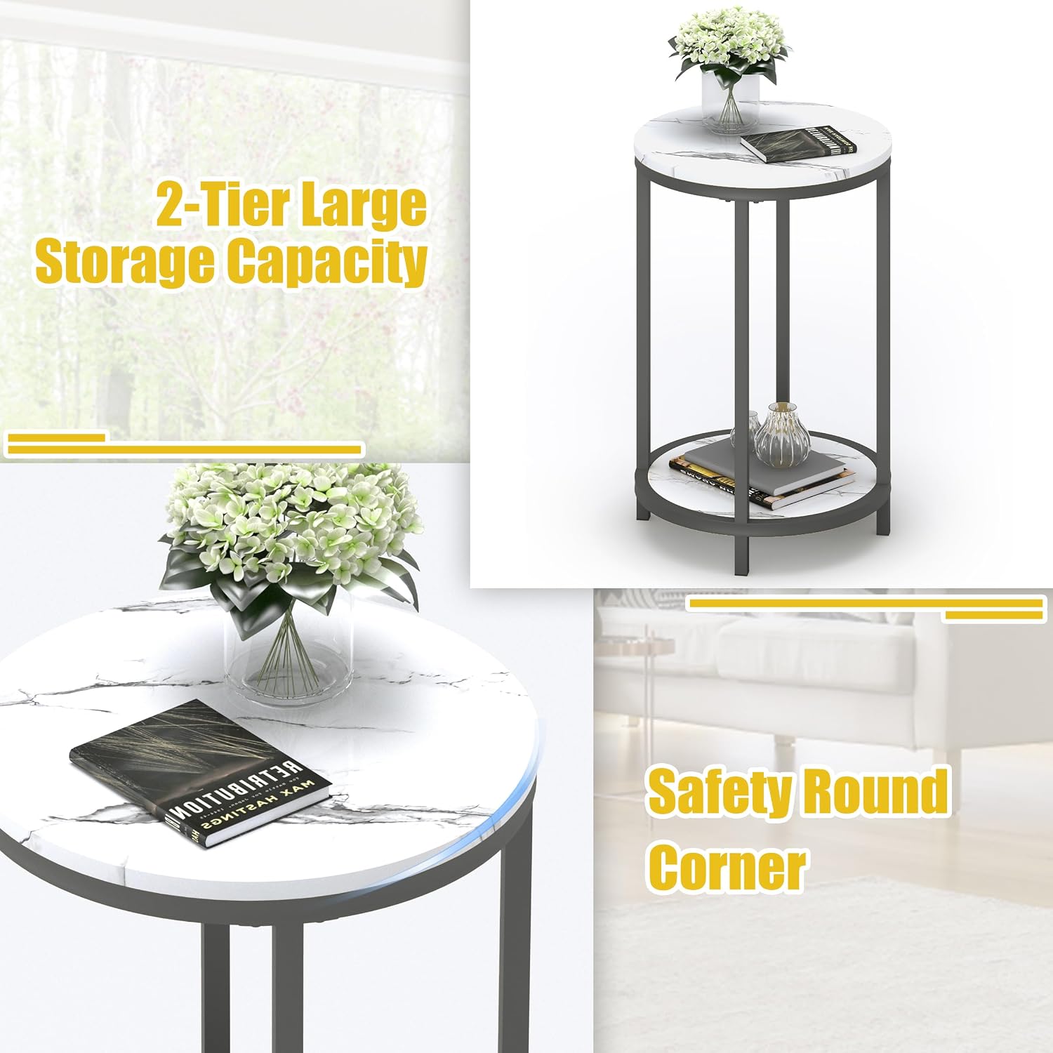 WiberWi Round Side Table Set of 2, Modern Nightstand End Table with Metal Frame &Faux Marble Top, Accent Bedside Table for Living Room Bedroom Small Spaces with Storage Open Shelf,White