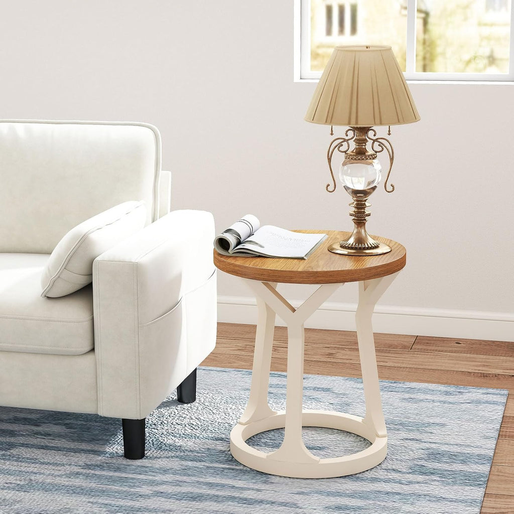 2PCS Round End Table Living Room, Set of 2 Rustic Side Table, 22' H Nightstand with Thick Top, Accent Tables for Bedroom Living Room Entryway, Natural & White
