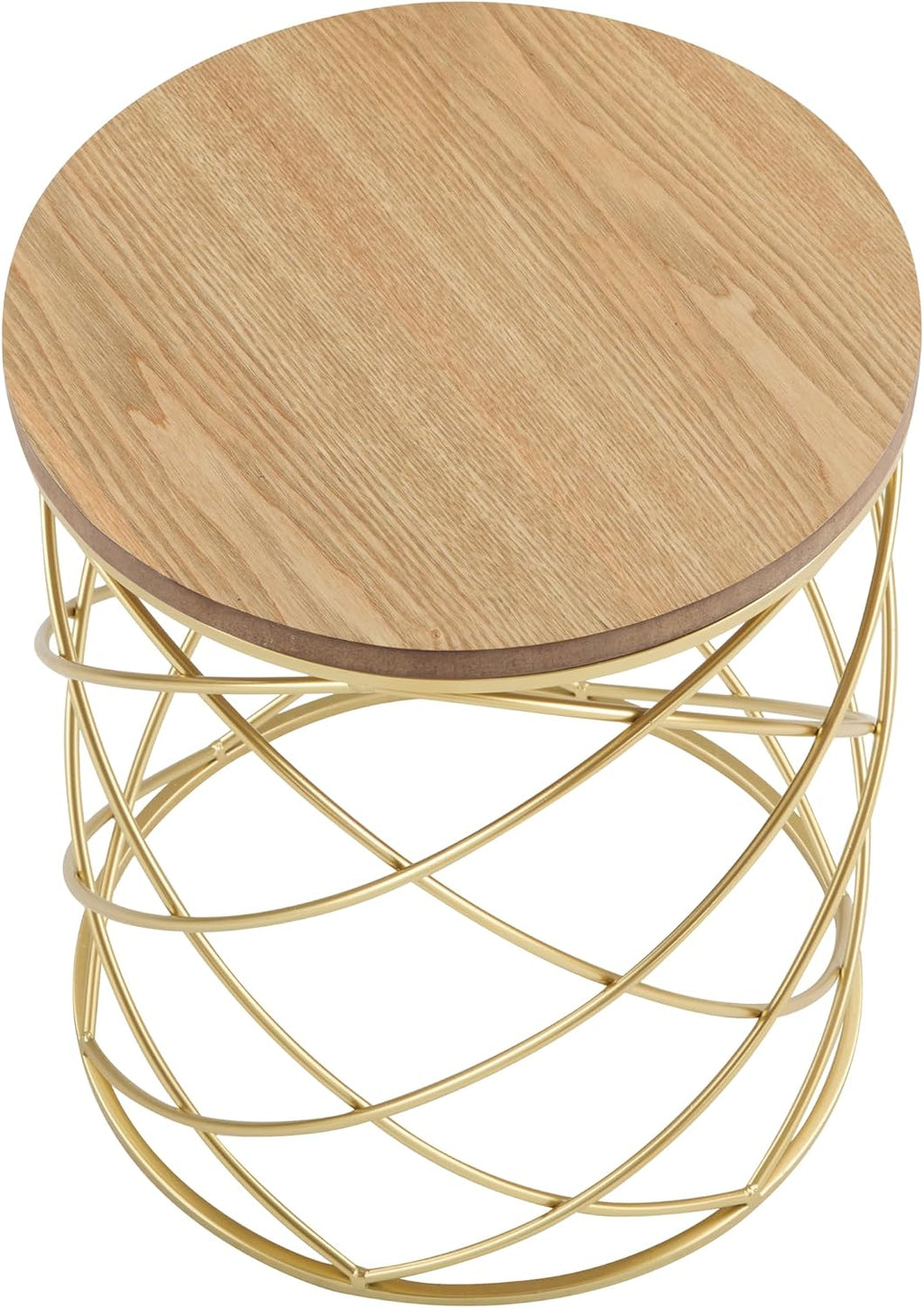 Christopher Knight Home Vevia 17' Golden End Table, Metal Accent Table, Round Wooden Top, Nesting Designed Home Decor, Birdcage Small Coffee Tables for Living Room, Bedroom, No Assembly, Natural+Gold