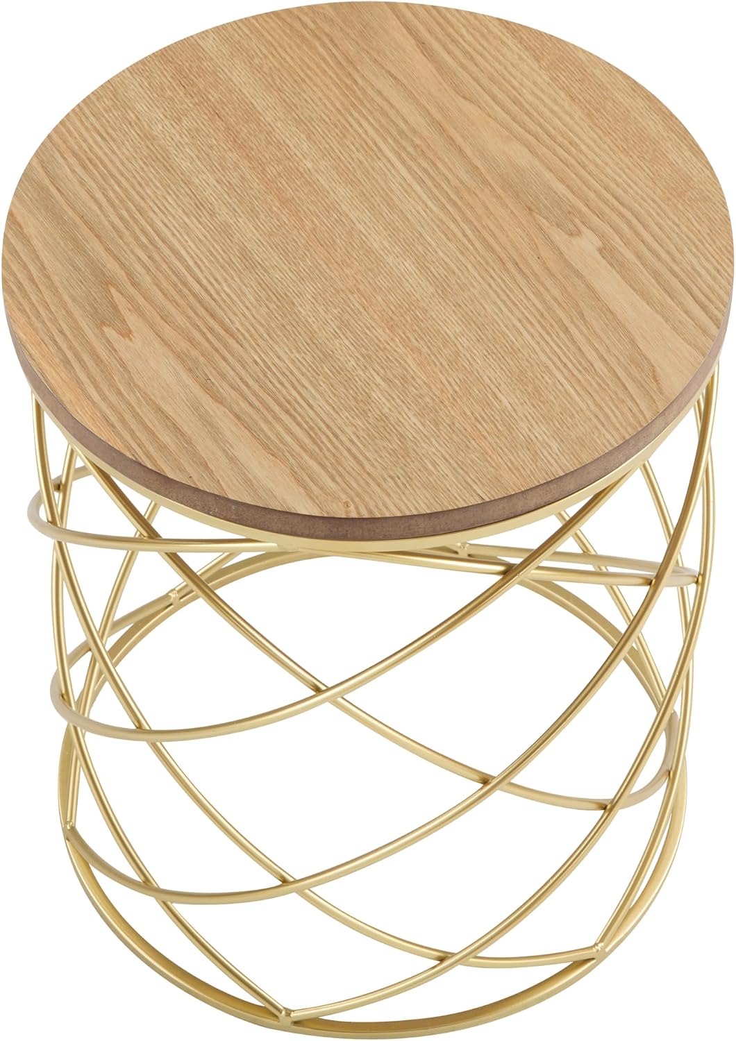Christopher Knight Home Vevia 17' Golden End Table, Metal Accent Table, Round Wooden Top, Nesting Designed Home Decor, Birdcage Small Coffee Tables for Living Room, Bedroom, No Assembly, Natural+Gold