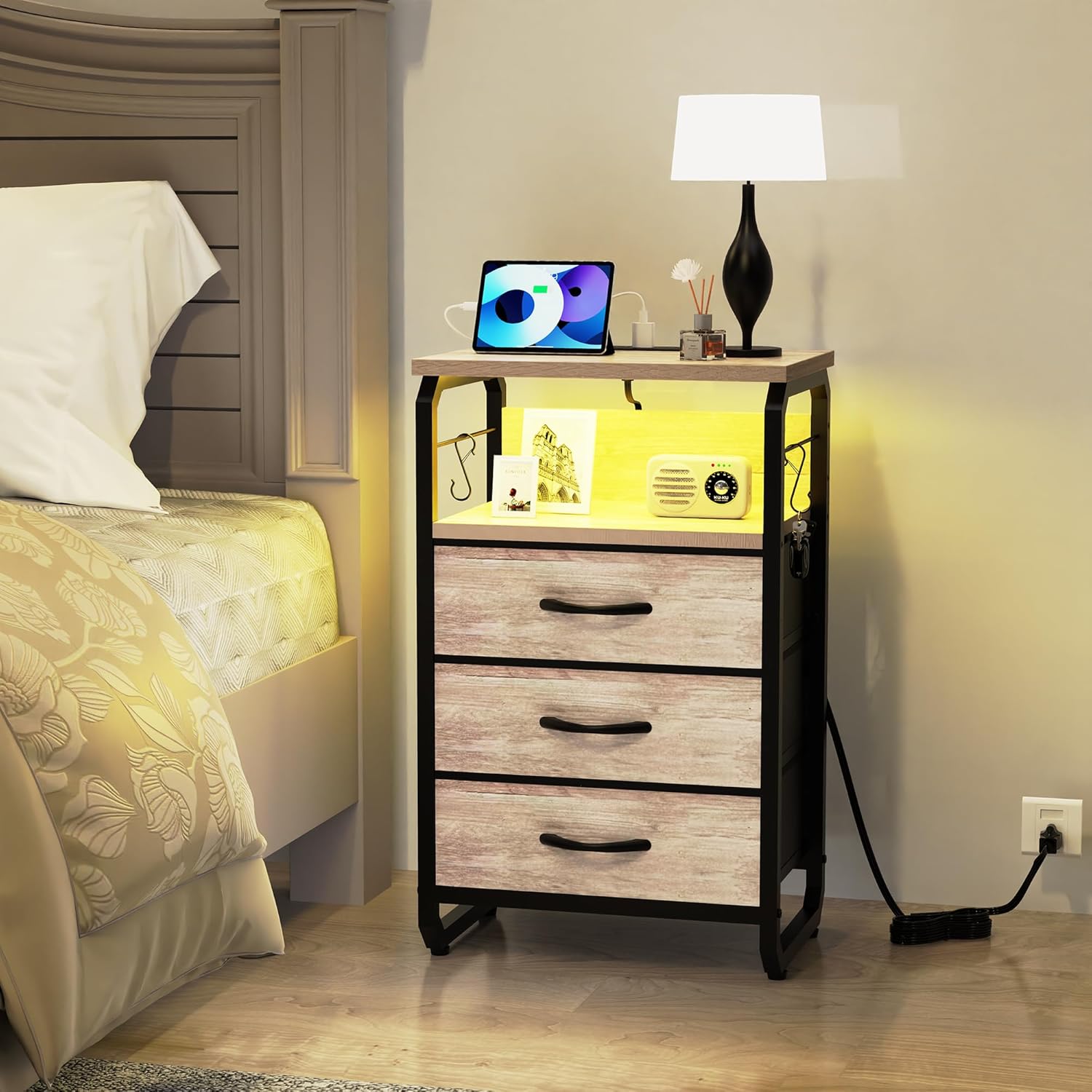runjuly Night Stand Set 2 with LED Lights, Nightstands with Power Outlets and Type C Port, Large End Tables with 3 Fabric Drawers, Matching Bedside Table with Storage for Bedroom Teen Room, Greige