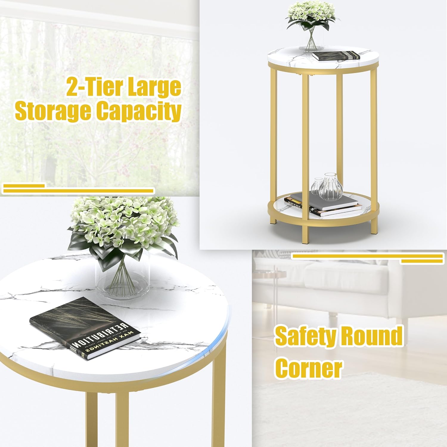 WiberWi Round Side Table Set of 2, Modern Nightstand End Table with Gold Metal Frame &Faux Marble Top, Accent Bedside Table for Living Room Bedroom Small Spaces with Storage Open Shelf,White