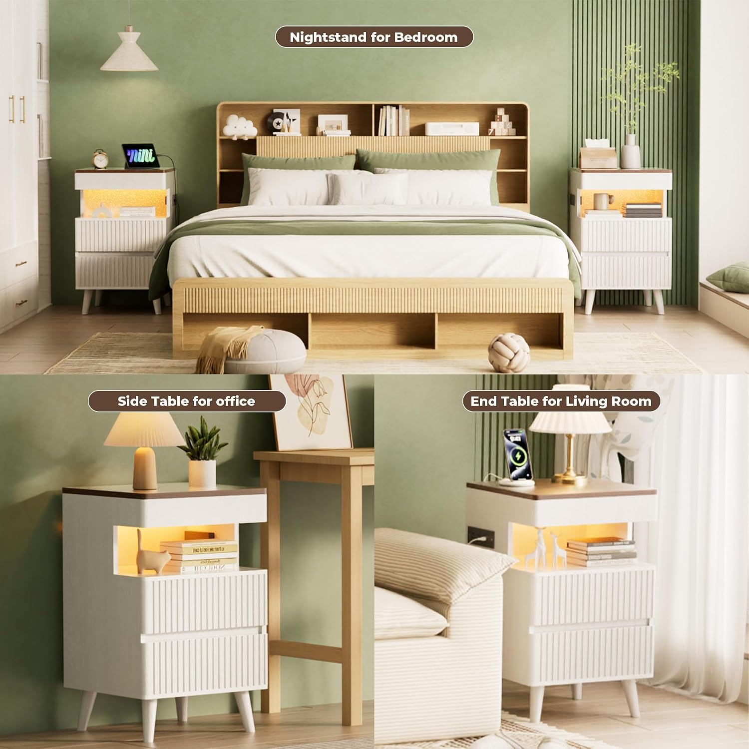 26' Tall Fluted Nightstand Set of 2 with Charging Station & LED Light, Modern End Table with 3 Storage Drawers and Pull-Out Tabletop, Wood Bedside Table for Bedroom, Living Room, White