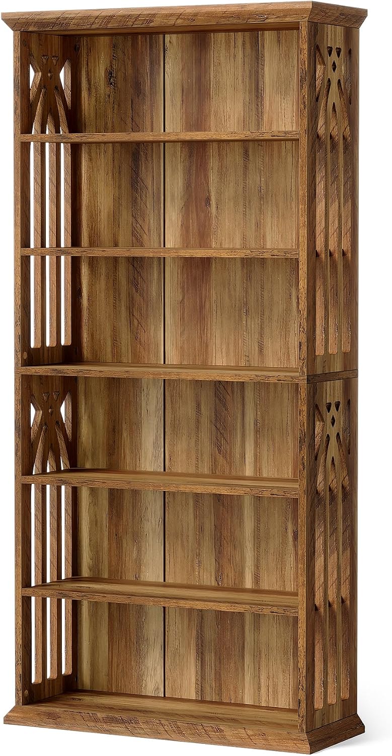 LITTLE TREE 6-Tier Bookcase, 75-Inch Farmhouse Bookshelves and Bookcases, Floor Standing 6 Shelf Wooden Display Storage Shelves Tall Bookcase for Home Office, Living Room, Bed Room, Brown
