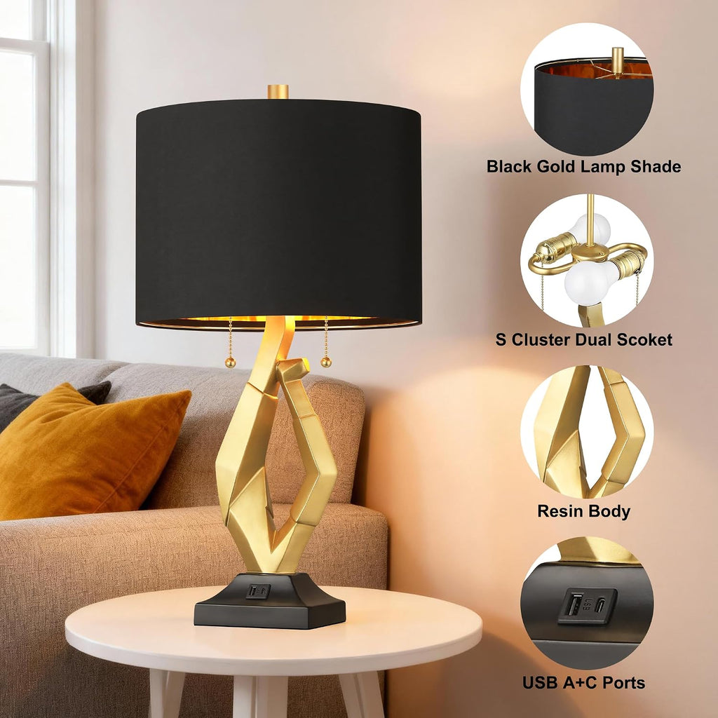 ROTTOGOON Sculptural Table Lamps for Living Room Set of 2 with USB Ports, 24.5' Modern Black and Gold Lamp with S Cluster Pull Chains Switch, End Table Lamps for Bedroom, Nightstand, Office