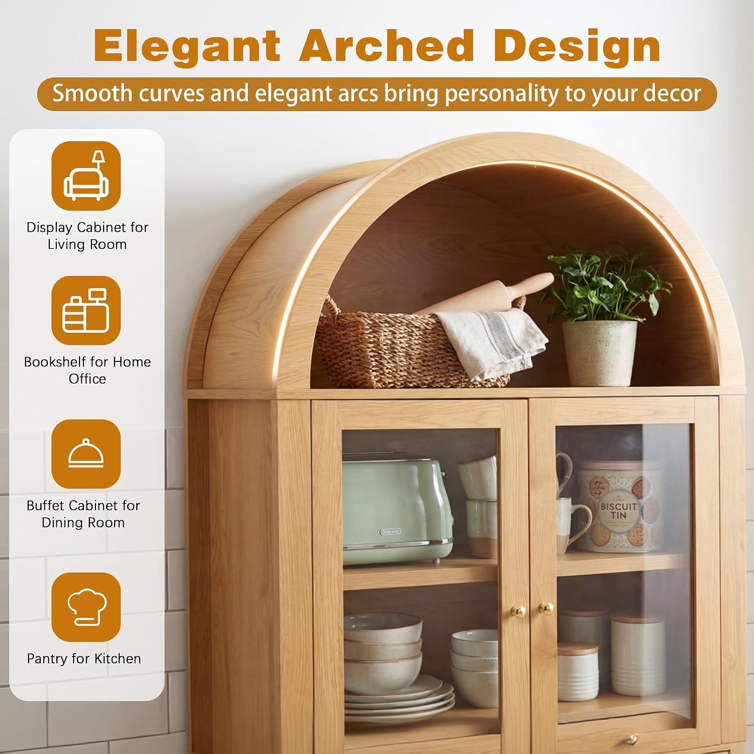 71' Tall Arched Kitchen Pantry with Drawer,Glass Door,Door Racks, Fluted Hutch Cabinet with Storage & Adjustable Shelves,Cupboard Buffet Cabinet for Living Room, Coffee Bar Corner(Natural) (Natural-1)