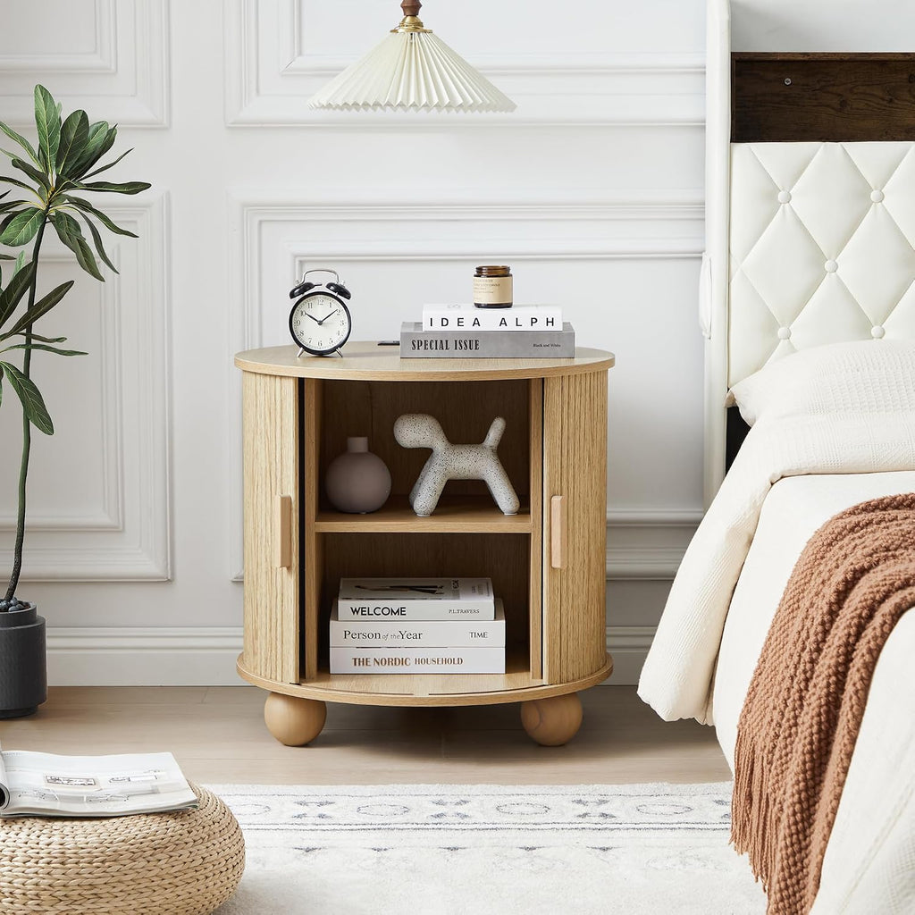 24' Fluted Round Nightstand Set of 2, Mid-Century Large Wooden End Table with Charging Station, Farmhouse Storage Side Table with Sliding Door for Bedroom Living Room (2XRound, Natural)