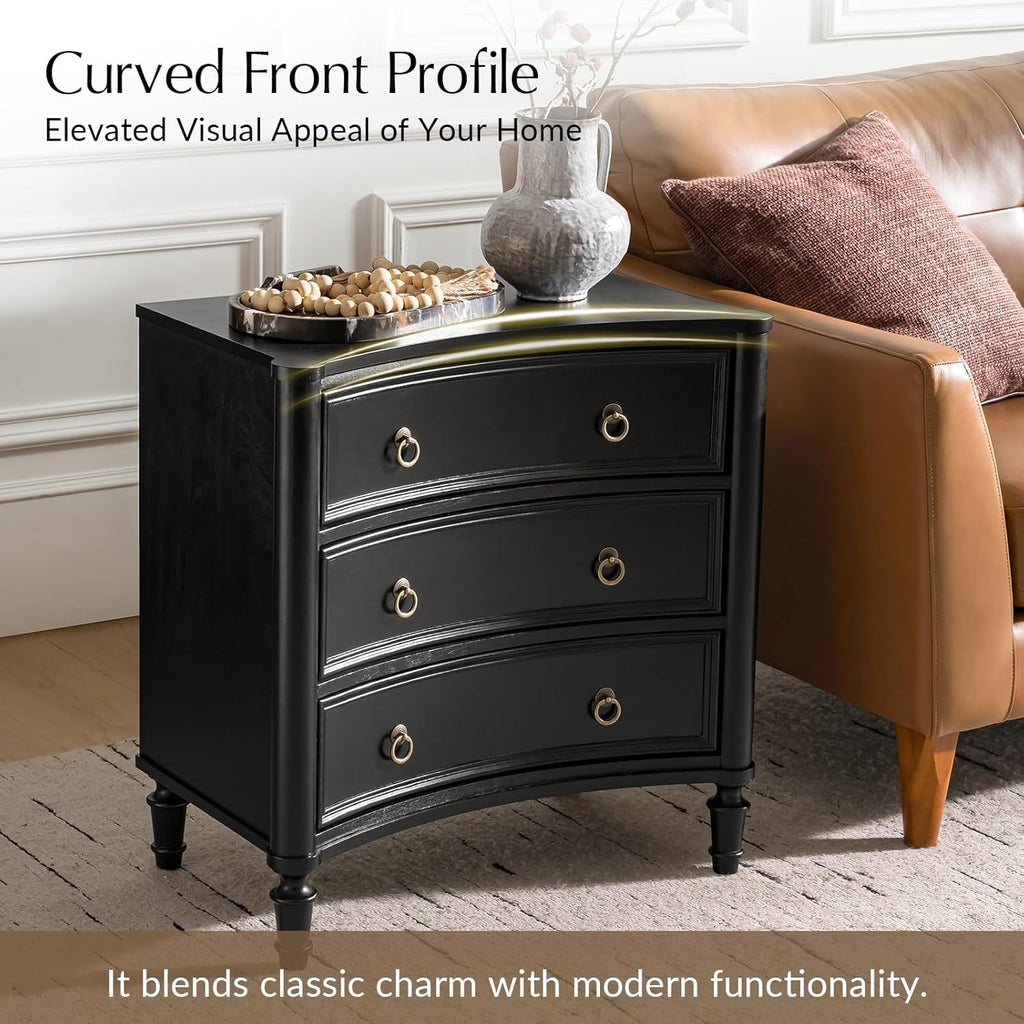 HULALA HOME 3 Drawer End Table with Charging Station, 26' Wide Endtable with Solid Wood Legs and Curved Profile, Classic Side Table for Living Room, Black