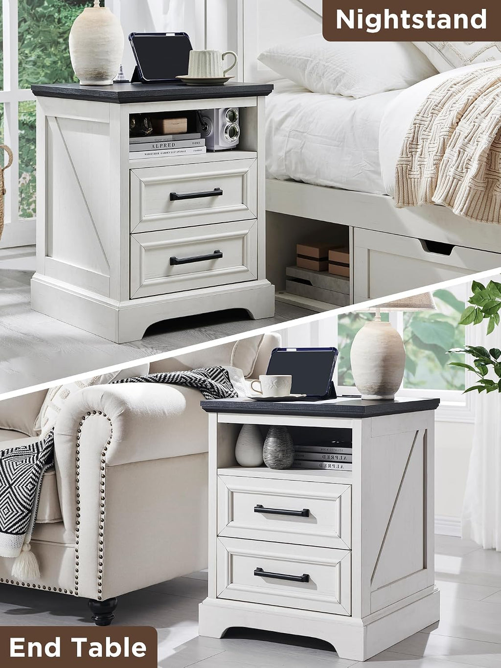 ACCOHOHO 18' Farmhouse Nightstand Set of 2 with Charging Station,End Table with 2 Drawers Storage,Side Table,Bedside Cabinet for Bedroom,Living Room, Antique White
