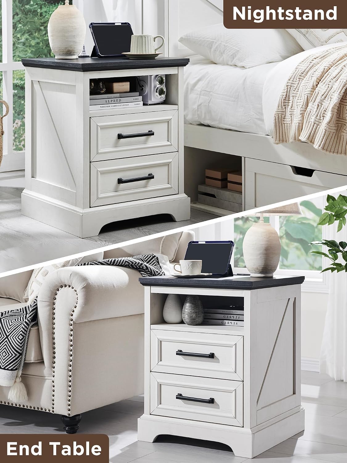 ACCOHOHO 18' Farmhouse Nightstand Set of 2 with Charging Station,End Table with 2 Drawers Storage,Side Table,Bedside Cabinet for Bedroom,Living Room, Antique White